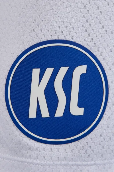 KSC Trikothose Auswärts 25-26, Weiß, 100% Polyester, atmungsaktives Material, texturierter Stoff, elastischer Bund, KSC-Logo gestickt, blaue Seitenstreifen